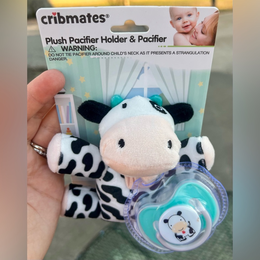 Cribmates Cow Plush Pacifier Holder with Pacifier 0-18M Lovey black white mint